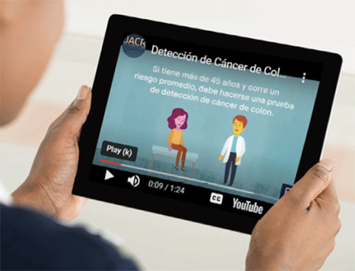 Screen of tablet displaying Spanish-language animations from RadiologyInfo website